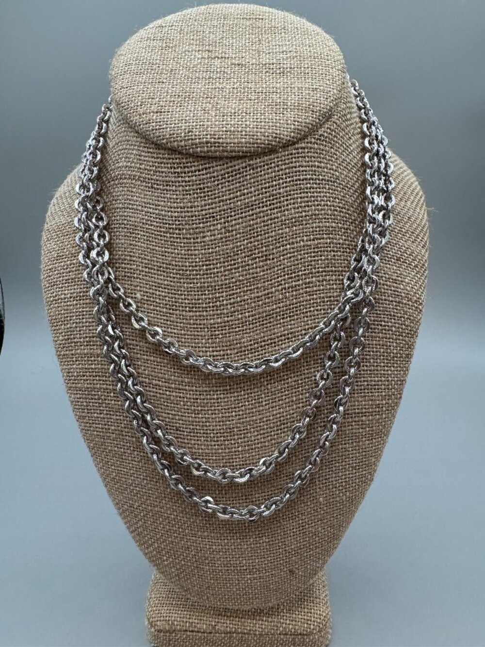 Vintage Crown Trifari Silver Rolo Chain Necklace 27” 1960s Mid Century Layering